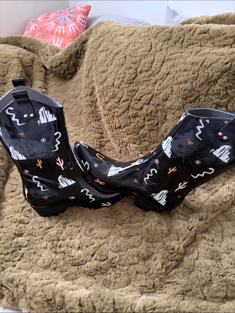Graphic Black Patent Cowboy Rain Boots
